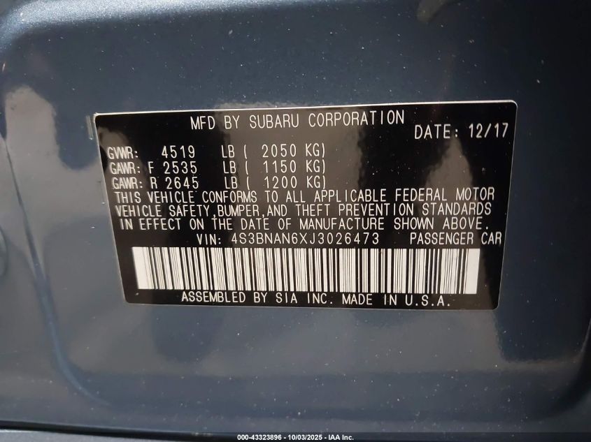 2018 Subaru Legacy 2.5I Limited VIN: 4S3BNAN6XJ3026473 Lot: 43323896