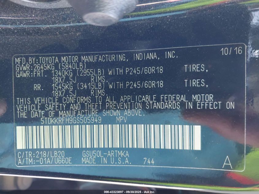 2016 Toyota Highlander Xle V6 VIN: 5TDKKRFH9GS505949 Lot: 43323897