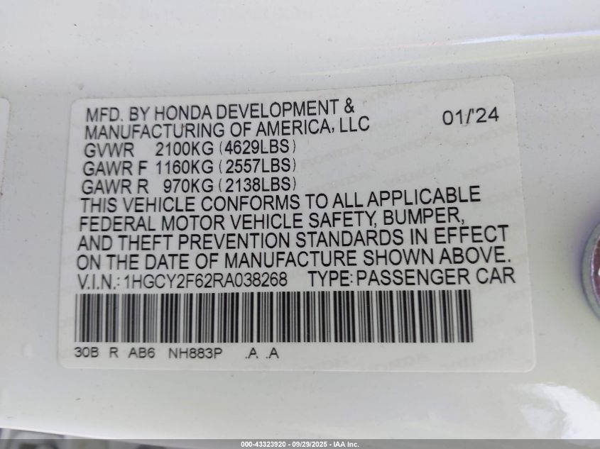 2024 Honda Accord Hybrid Ex-L VIN: 1HGCY2F62RA038268 Lot: 43323920