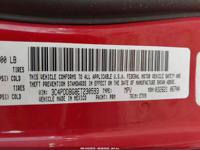 2014 Dodge Journey Sxt VIN: 3C4PDDBG8ET230593 Lot: 43323919