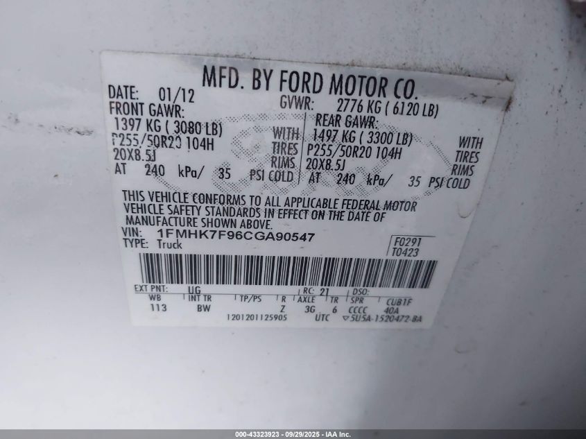 2012 Ford Explorer Limited VIN: 1FMHK7F96CGA90547 Lot: 43323923