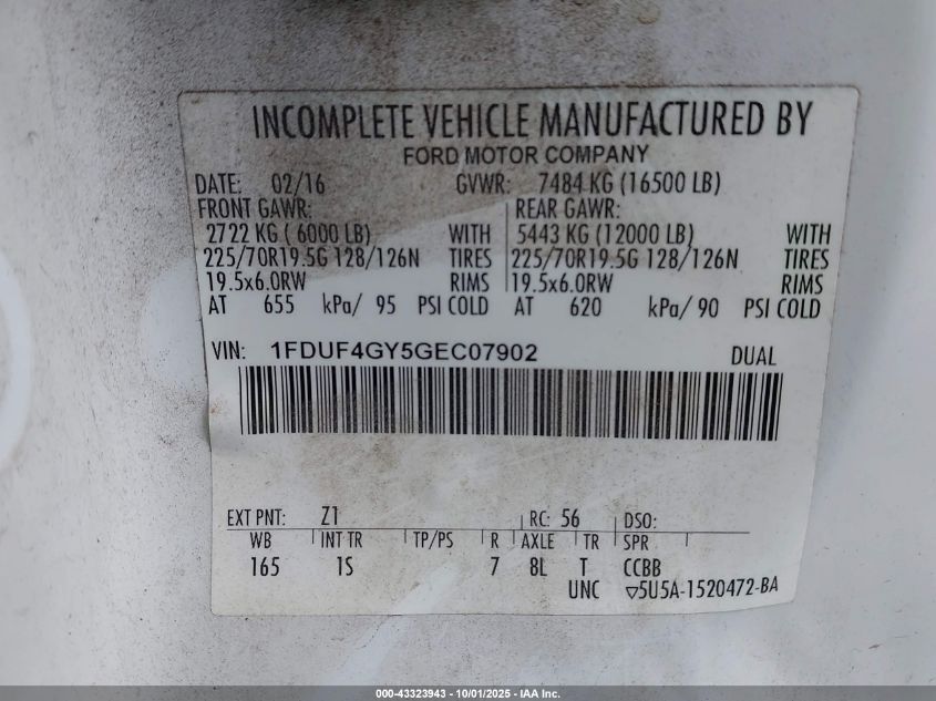 2016 Ford F-450 Chassis Xl VIN: 1FDUF4GY5GEC07902 Lot: 43323943