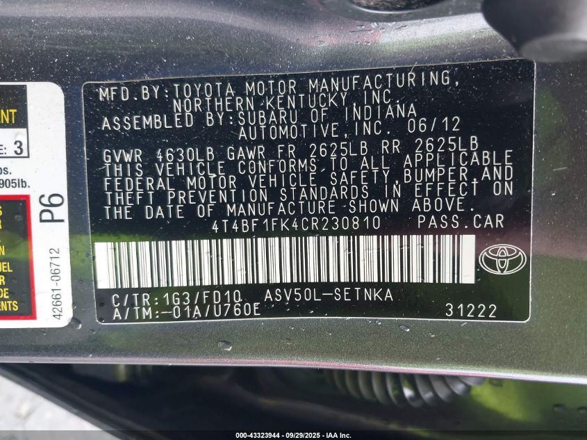 2012 Toyota Camry Le VIN: 4T4BF1FK4CR230810 Lot: 43323944