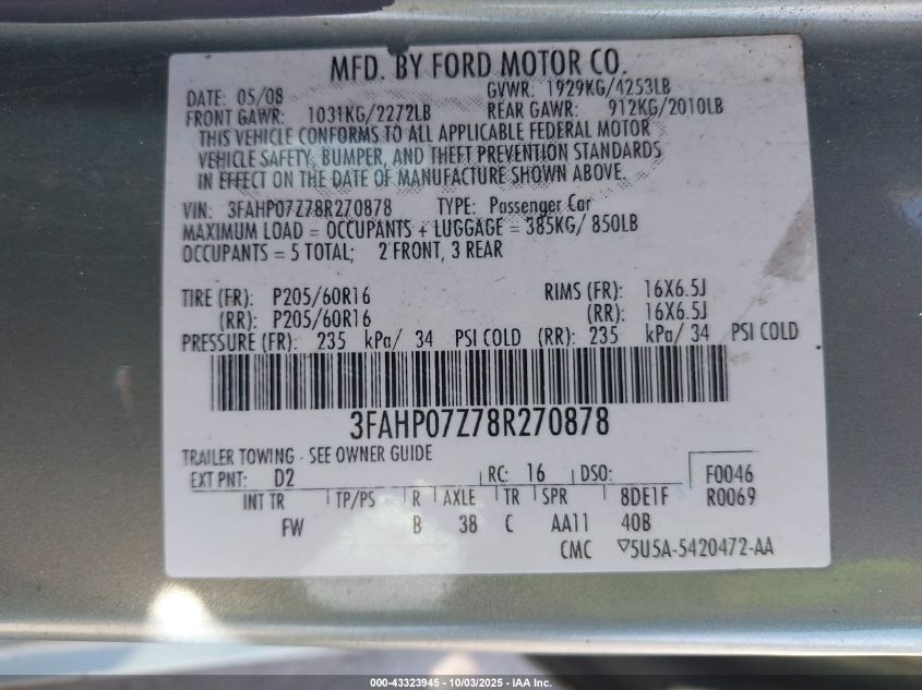 2008 Ford Fusion Se VIN: 3FAHP07Z78R270878 Lot: 43323945