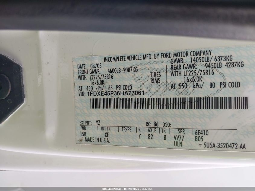 2006 Ford E-450 Cutaway VIN: 1FDXE45P36HA77061 Lot: 43323948