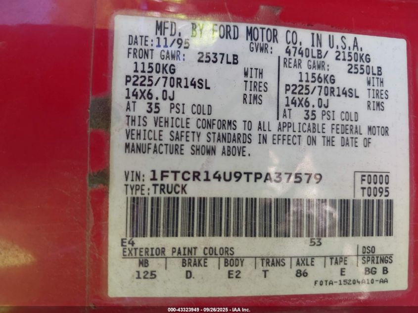 1996 Ford Ranger Super Cab VIN: 1FTCR14U9TPA37579 Lot: 43323949