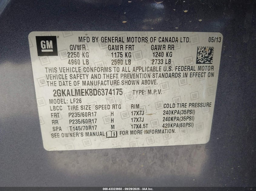 2013 GMC Terrain Sle-1 VIN: 2GKALMEK8D6374175 Lot: 43323950