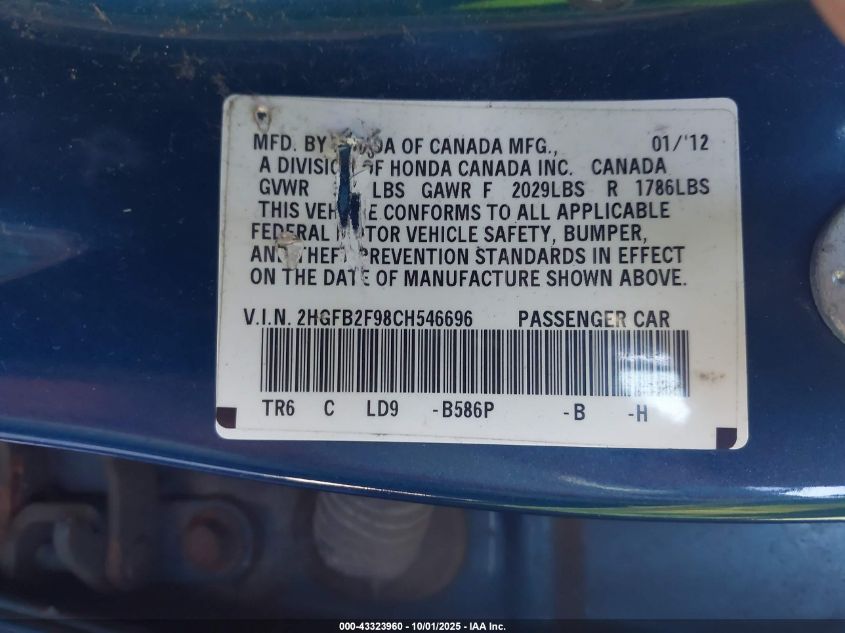 2012 Honda Civic Ex-L VIN: 2HGFB2F98CH546696 Lot: 43323960