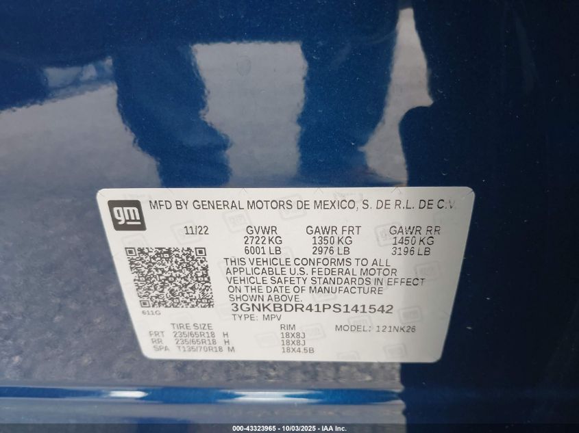 2023 Chevrolet Blazer Fwd 3Lt VIN: 3GNKBDR41PS141542 Lot: 43323965