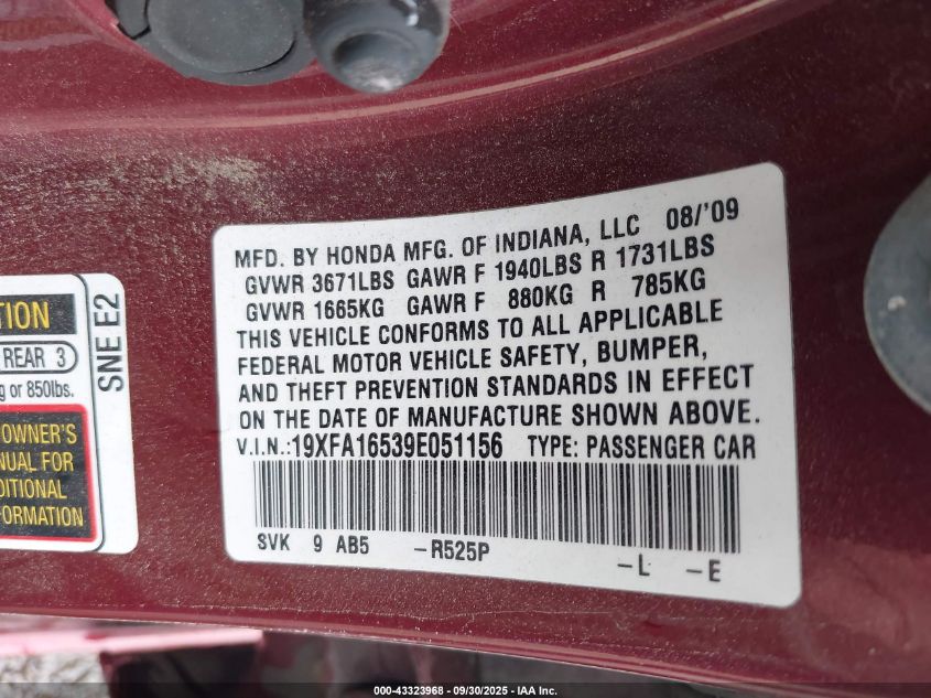 2009 Honda Civic Lx VIN: 19XFA16539E051156 Lot: 43323968