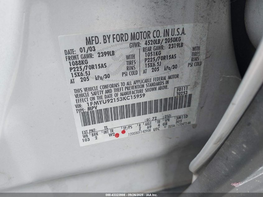 2003 Ford Escape Xls VIN: 1FMYU92153KC15959 Lot: 43323986