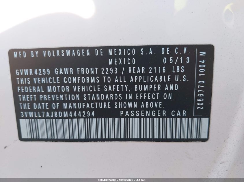 2013 Volkswagen Jetta 2.0L Tdi VIN: 3VWLL7AJ8DM444294 Lot: 43324000