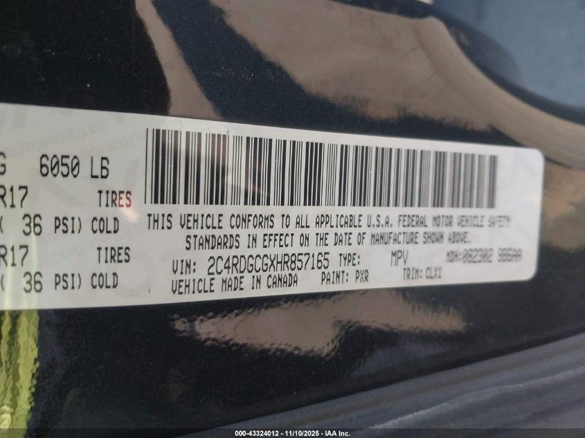 2017 Dodge Grand Caravan Sxt VIN: 2C4RDGCGXHR857165 Lot: 43324012