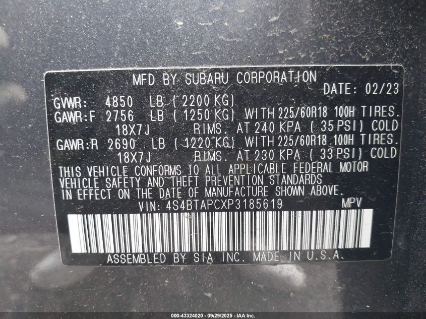 2023 Subaru Outback Touring VIN: 4S4BTAPCXP3185619 Lot: 43324020