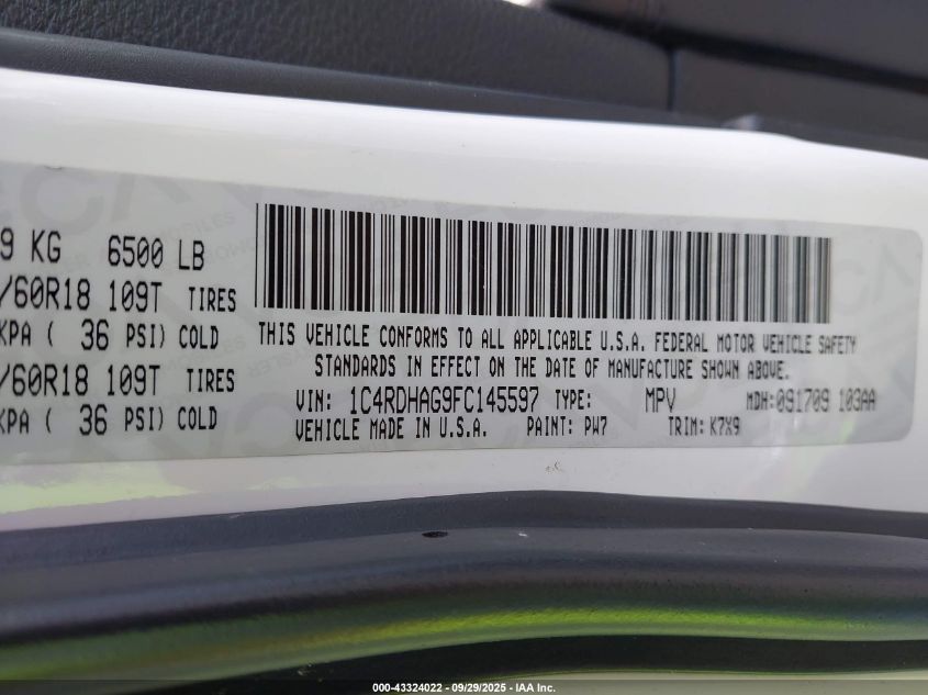 2015 Dodge Durango Sxt VIN: 1C4RDHAG9FC145597 Lot: 43324022