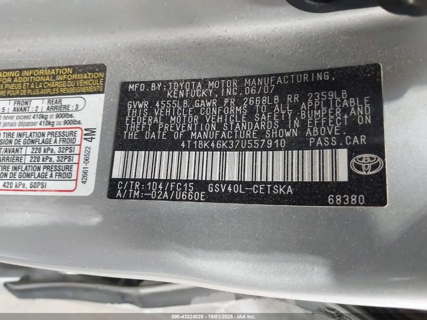 2007 Toyota Camry Se V6 VIN: 4T1BK46K37U557910 Lot: 43324025