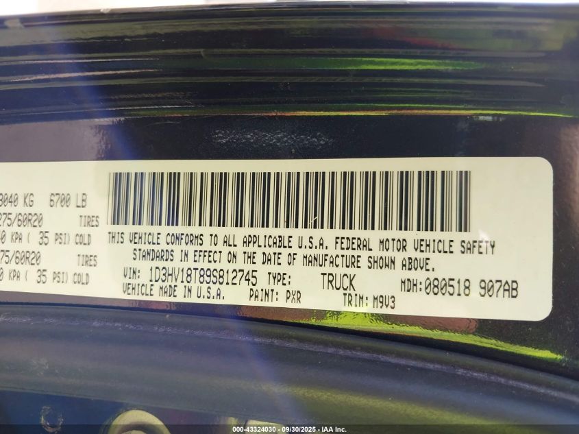 2009 Dodge Ram 1500 Slt/Sport/Trx VIN: 1D3HV18T89S812745 Lot: 43324030