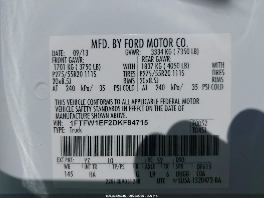 2013 Ford F-150 Lariat VIN: 1FTFW1EF2DKF84715 Lot: 43324035