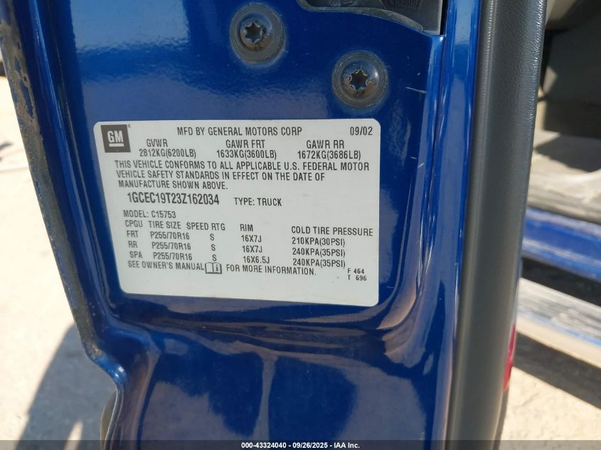 2003 Chevrolet Silverado 1500 Ls VIN: 1GCEC19T23Z162034 Lot: 43324040