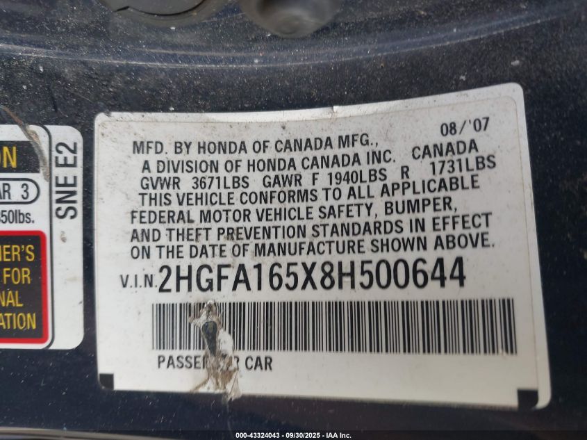 2008 Honda Civic Lx VIN: 2HGFA165X8H500644 Lot: 43324043