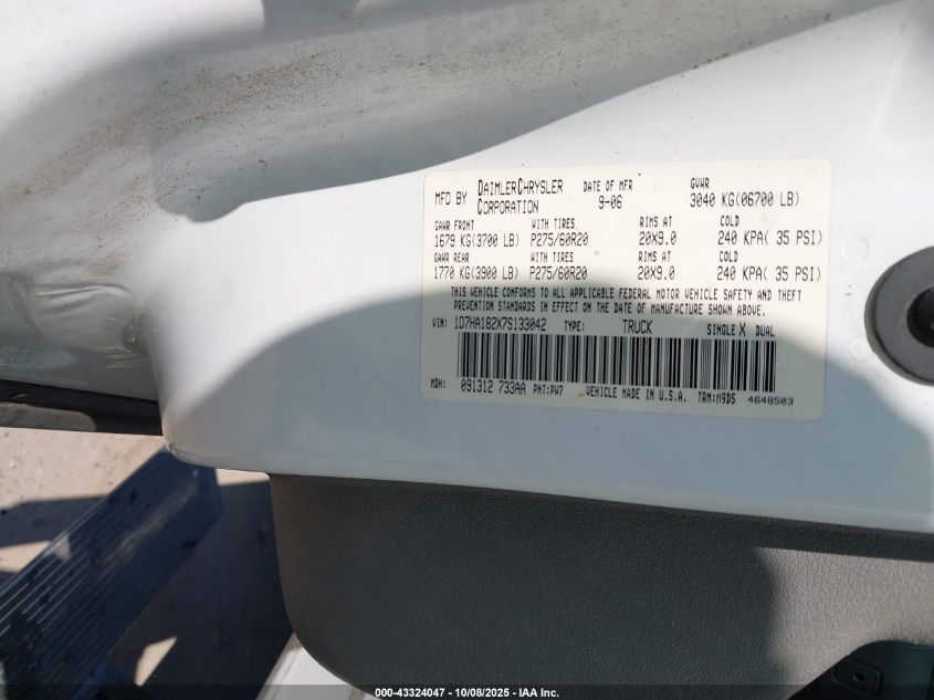 2007 Dodge Ram 1500 Slt VIN: 1D7HA182X7S133042 Lot: 43324047