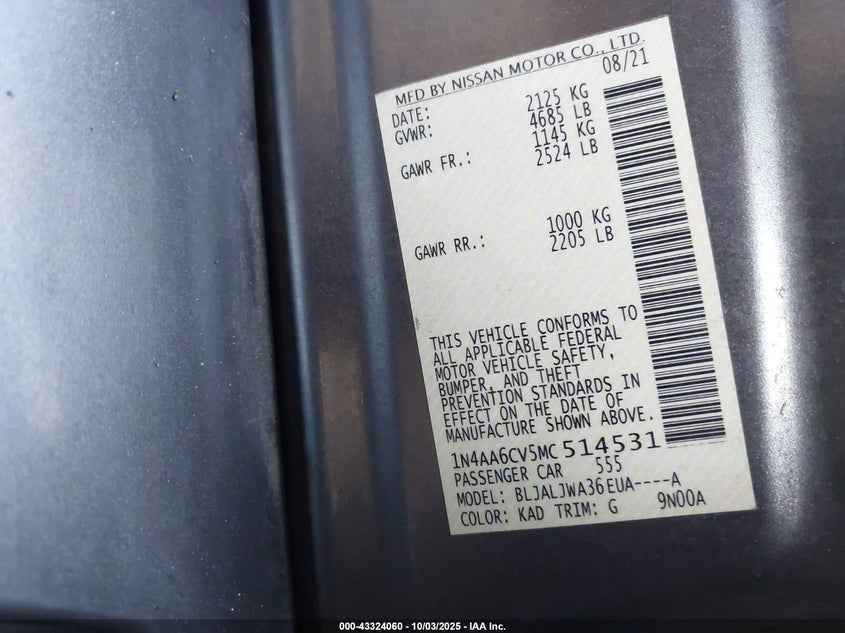 2021 NISSAN MAXIMA SV - 1N4AA6CV5MC514531