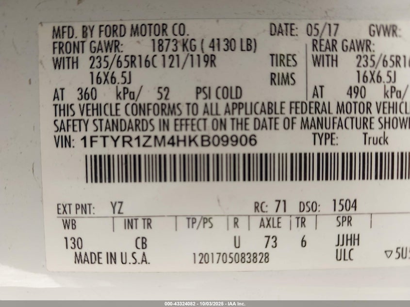 2017 FORD TRANSIT T-250 - 1FTYR1ZM4HKB09906