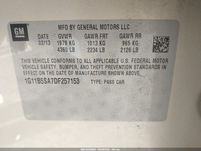 2013 Chevrolet Malibu 1Ls VIN: 1G11B5SA7DF257153 Lot: 43324084