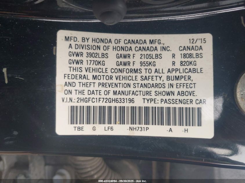 2016 Honda Civic Ex-L VIN: 2HGFC1F72GH633196 Lot: 43324094