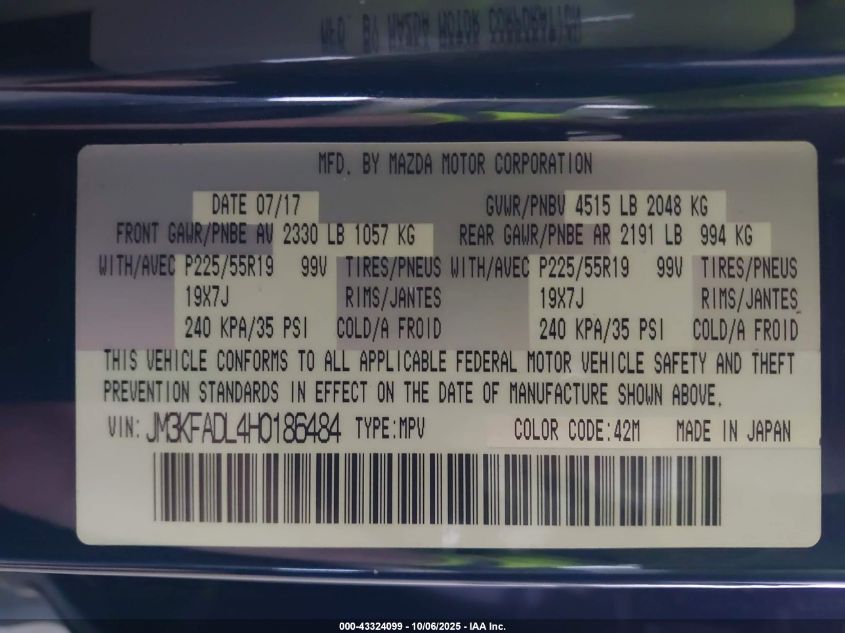 2017 Mazda Cx-5 Grand Touring VIN: JM3KFADL4H0186484 Lot: 43324099