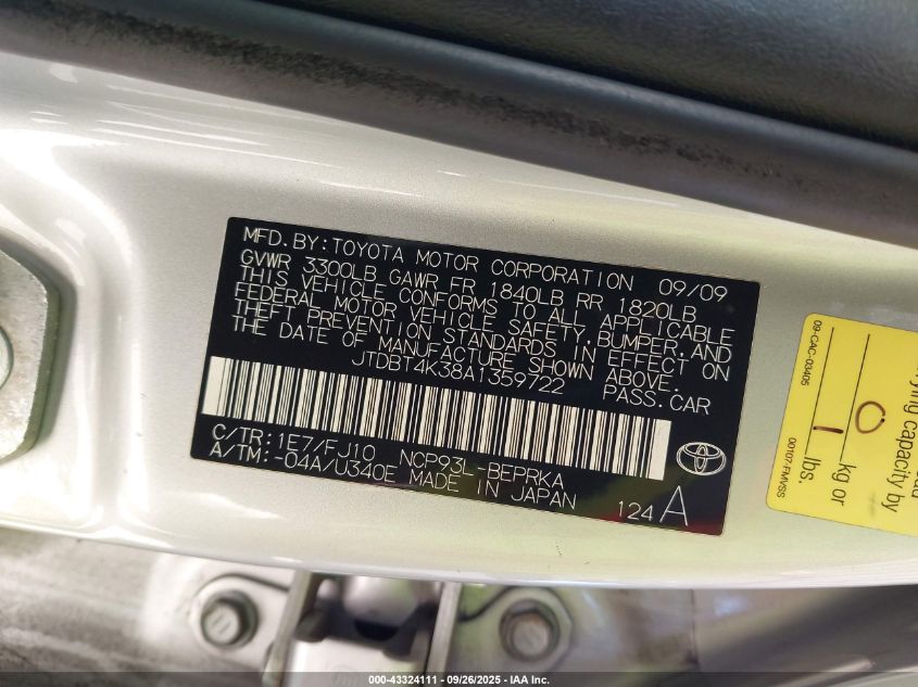 2010 Toyota Yaris VIN: JTDBT4K38A1359722 Lot: 43324111