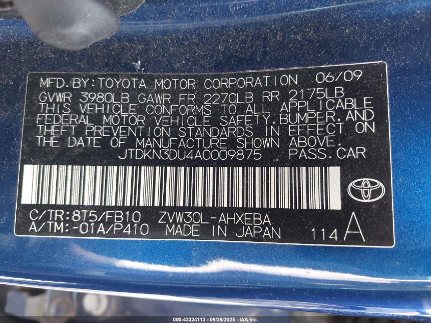 2010 Toyota Prius Ii VIN: JTDKN3DU4A0009875 Lot: 43324113