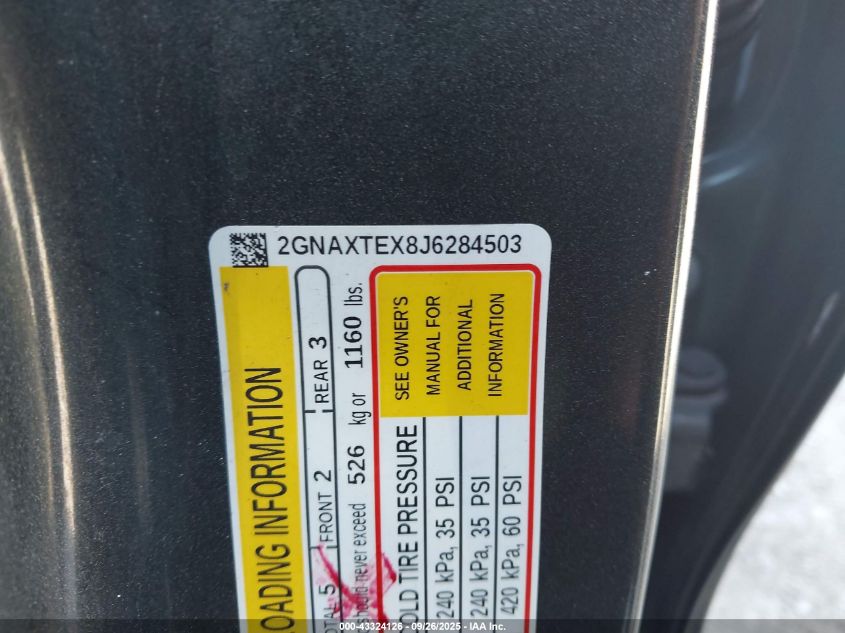 2018 Chevrolet Equinox Lt VIN: 2GNAXTEX8J6284503 Lot: 43324126