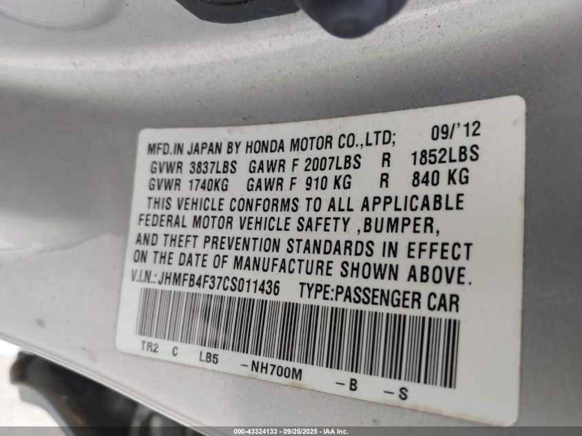 2012 Honda Civic Hybrid VIN: JHMFB4F37CS011436 Lot: 43324133