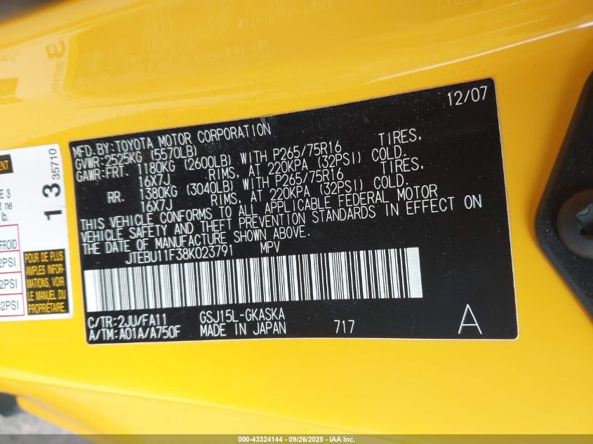 2008 Toyota Fj Cruiser VIN: JTEBU11F38K023791 Lot: 43324144