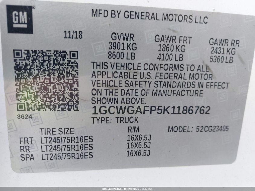 2019 Chevrolet Express 2500 Work Van VIN: 1GCWGAFP5K1186762 Lot: 43324154