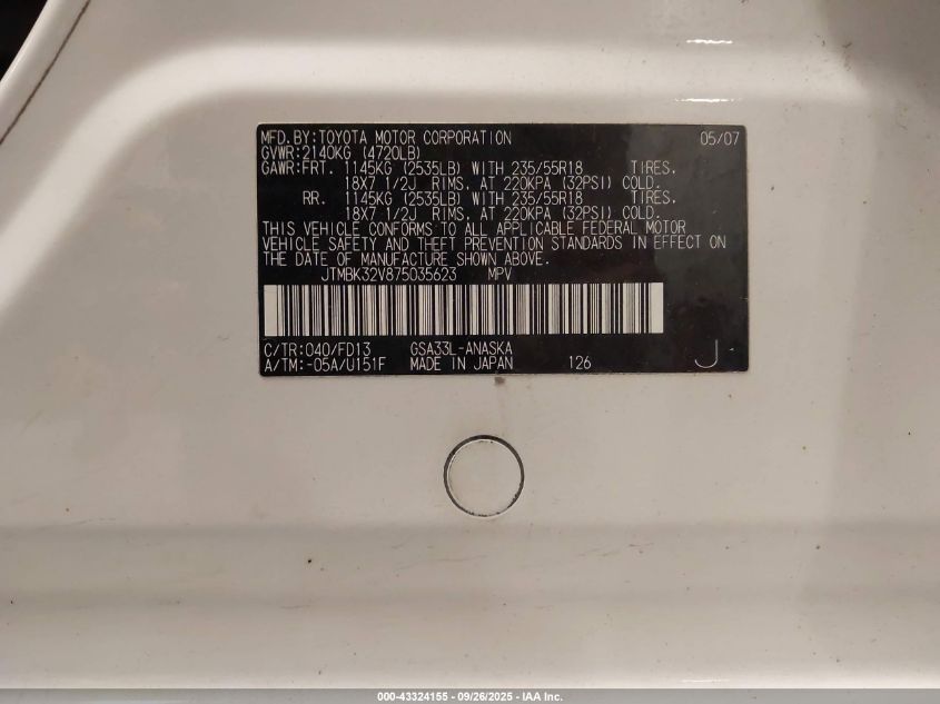 2007 Toyota Rav4 Sport V6 VIN: JTMBK32V875035623 Lot: 43324155