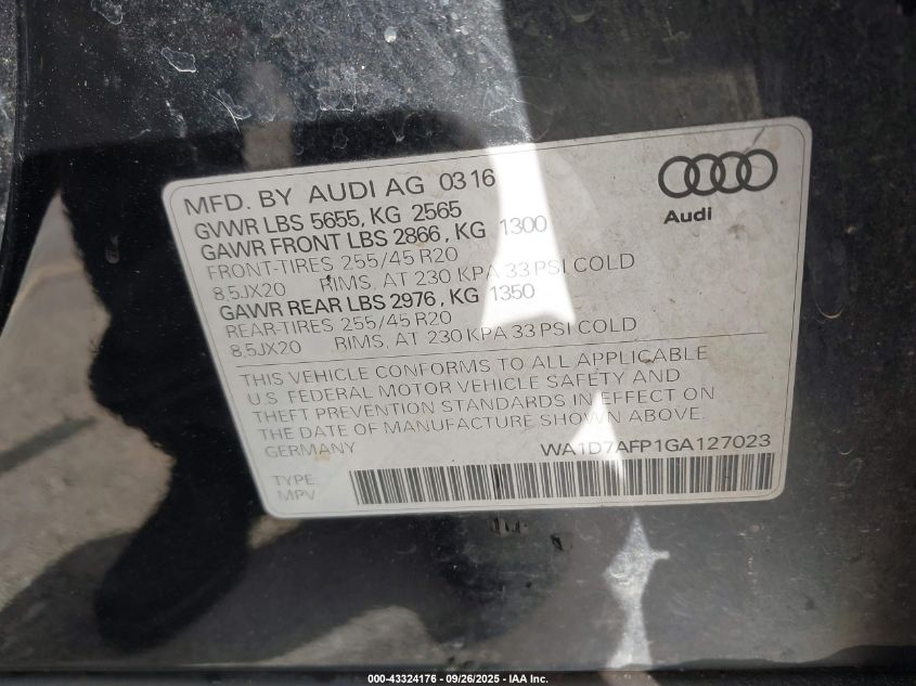 2016 Audi Q5 3.0T Premium Plus VIN: WA1D7AFP1GA127023 Lot: 43324176