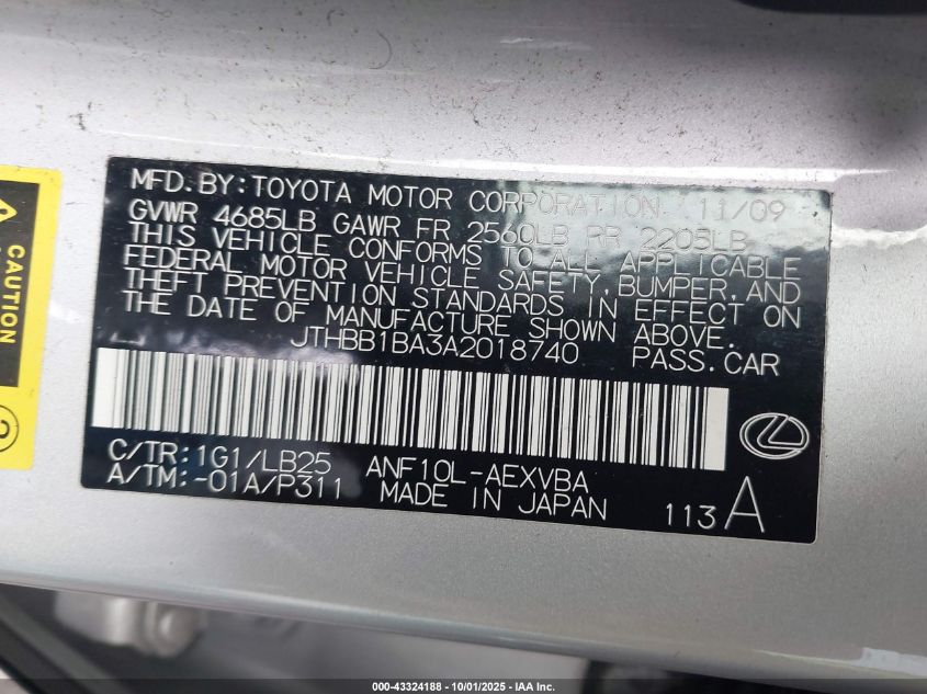 2010 Lexus Hs 250H VIN: JTHBB1BA3A2018740 Lot: 43324188