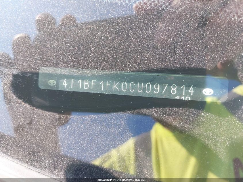 2012 Toyota Camry Le VIN: 4T1BF1FK0CU097814 Lot: 43324191
