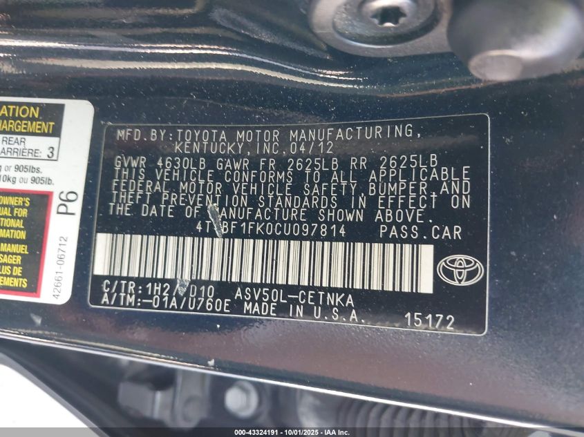 2012 Toyota Camry Le VIN: 4T1BF1FK0CU097814 Lot: 43324191