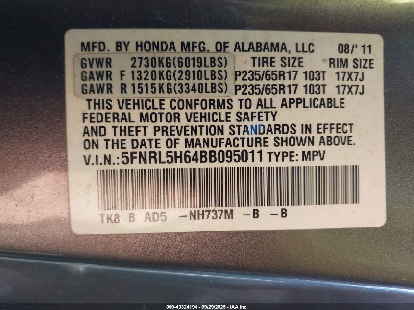 2011 Honda Odyssey Ex-L VIN: 5FNRL5H64BB095011 Lot: 43324194