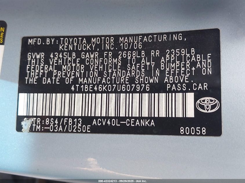 2007 Toyota Camry Le VIN: 4T1BE46K07U607976 Lot: 43324213