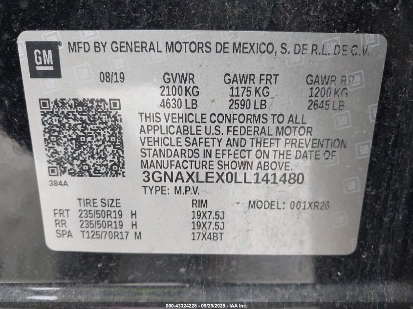 2020 Chevrolet Equinox Fwd Lt 2.0L Turbo VIN: 3GNAXLEX0LL141480 Lot: 43324228