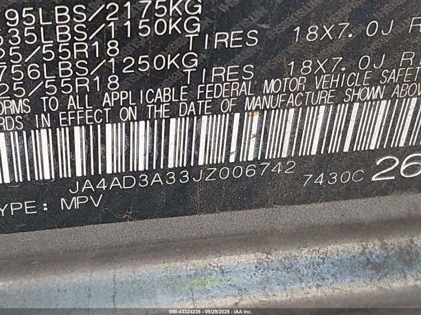2018 Mitsubishi Outlander Sel VIN: JA4AD3A33JZ006742 Lot: 43324236