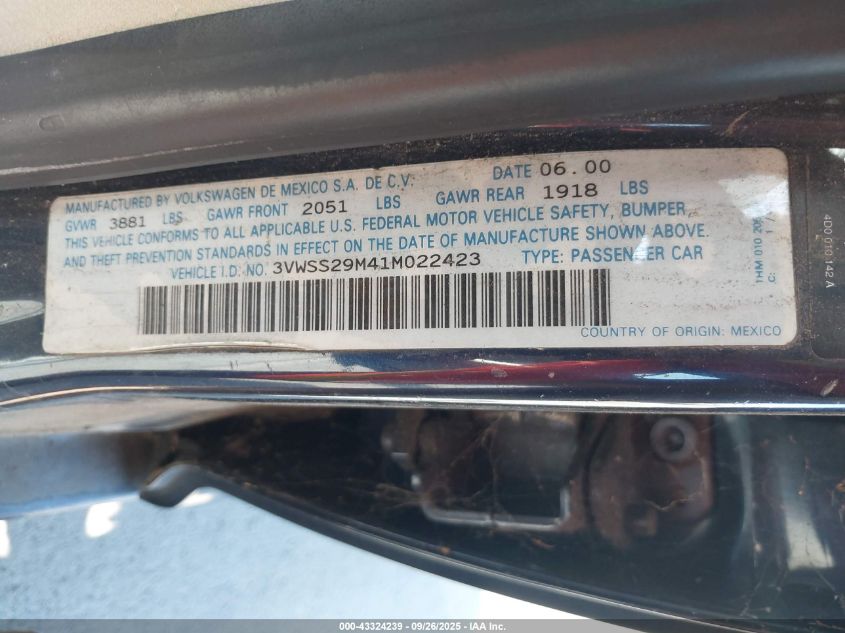 2001 Volkswagen Jetta Gls VIN: 3VWSS29M41M022423 Lot: 43324239