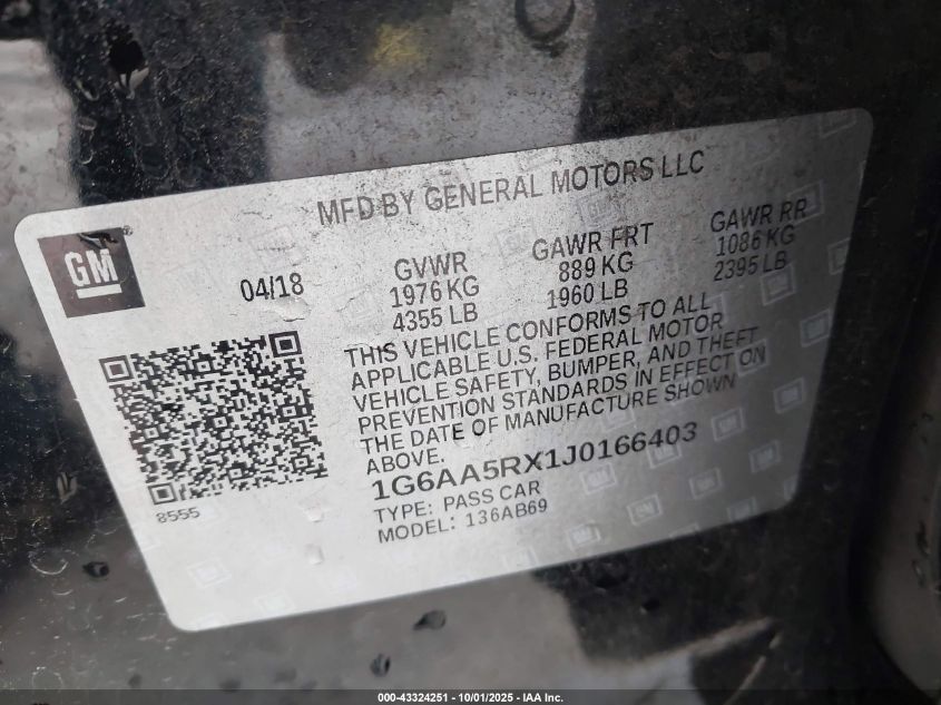 2018 Cadillac Ats Standard VIN: 1G6AA5RX1J0166403 Lot: 43324251