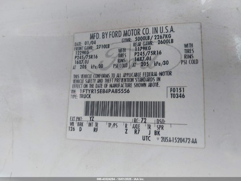 2004 Ford Ranger Xlt VIN: 1FTYR15E84PA85556 Lot: 43324254