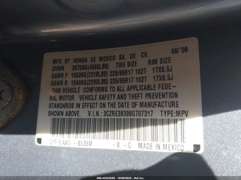 2008 Honda Cr-V Lx VIN: 3CZRE38398G707317 Lot: 43324255