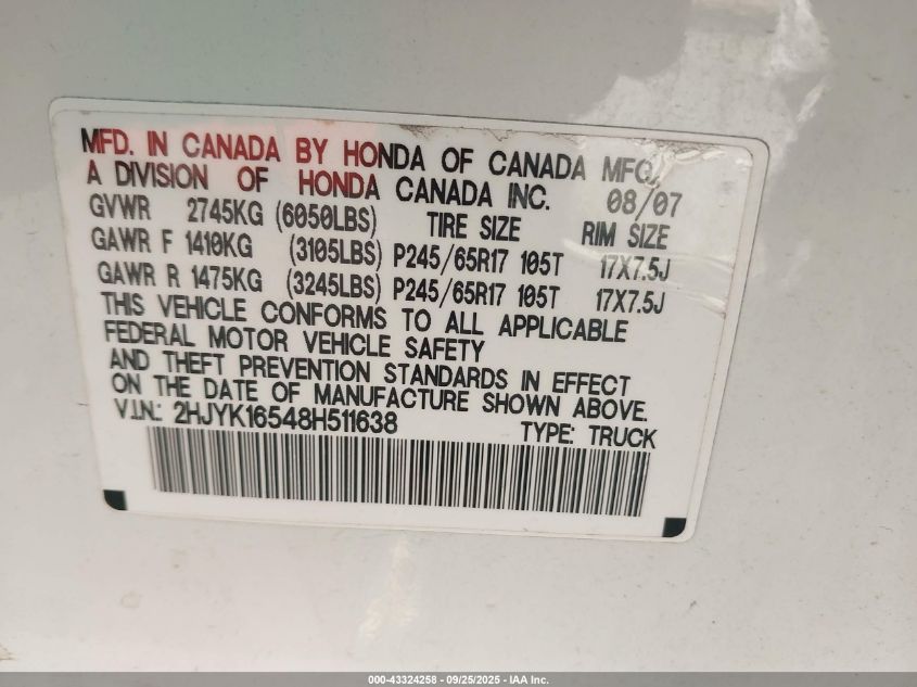 2008 Honda Ridgeline Rtl VIN: 2HJYK16548H511638 Lot: 43324258